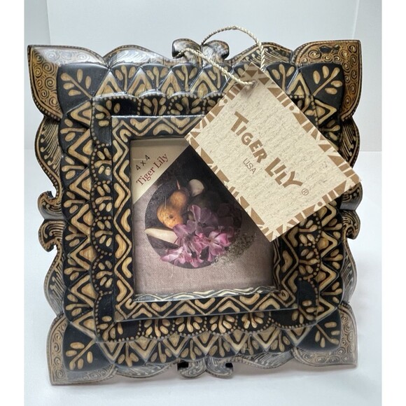 Tiger Lily Picture Frame Hand Painted USA Holds Picture 4x4" VTG? - Picture 2 of 7